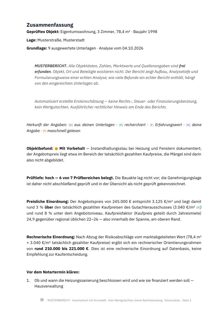 Seite 2 des Musterberichts: Zusammenfassung mit Objektbefund, Prüftiefe und Preiseinordnung